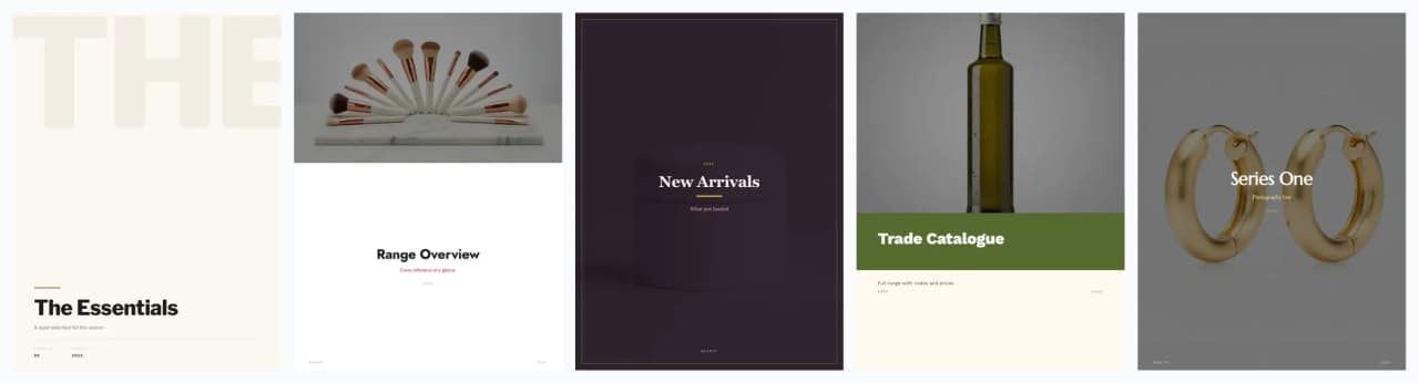 Five PDF catalog covers produced by Katapic templates, each with a different layout, palette and typography