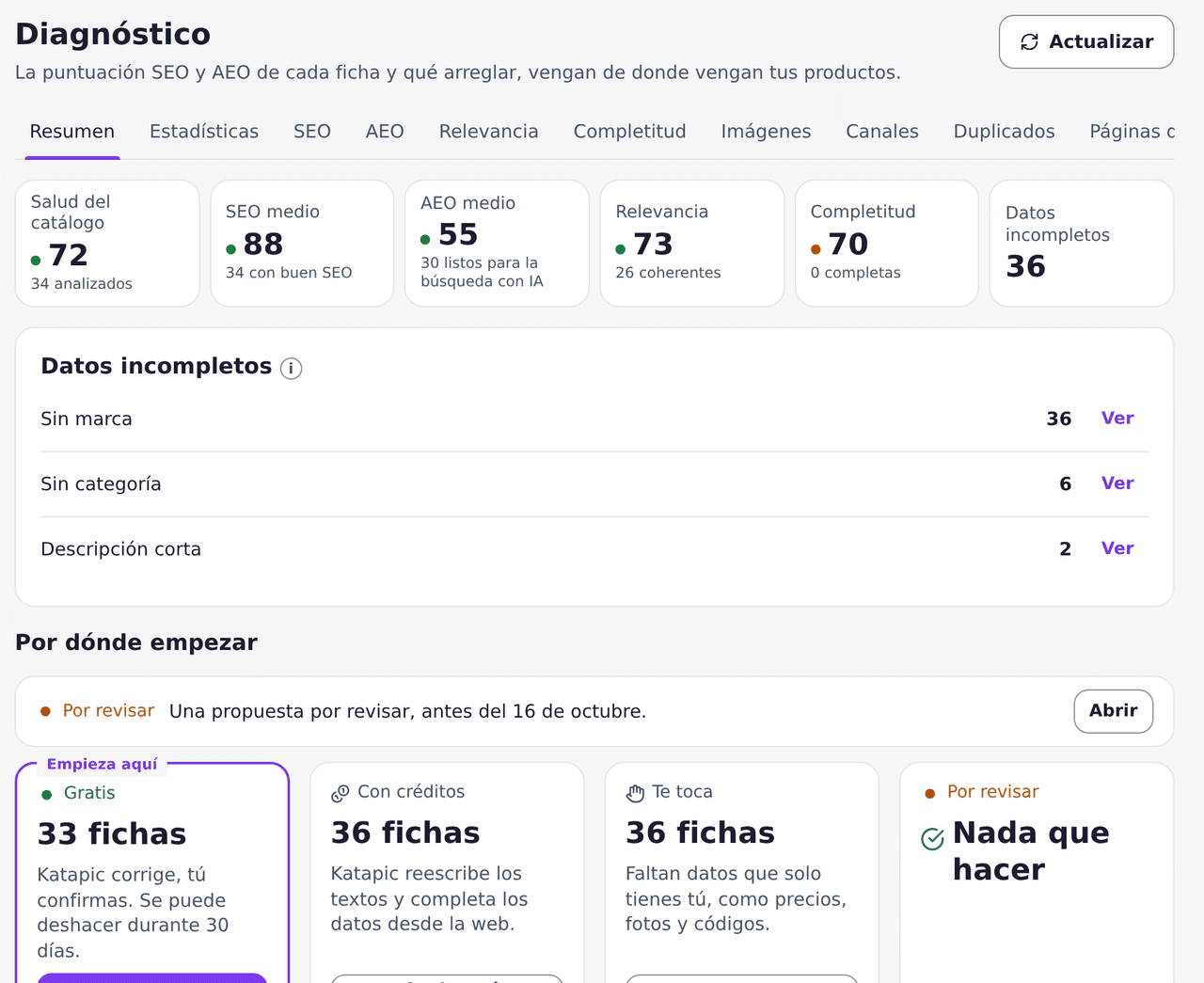 Diagnóstico de Katapic con la salud del catálogo, SEO y AEO medios, relevancia y completitud, los datos que faltan y por dónde empezar