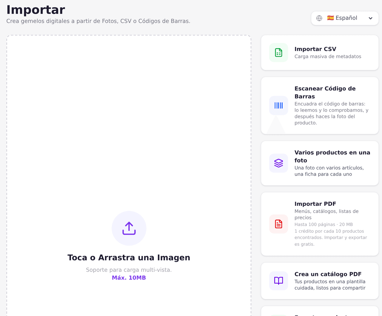 Página de importación con todas las vías: CSV, código de barras, varios productos en una foto, PDF y fotos