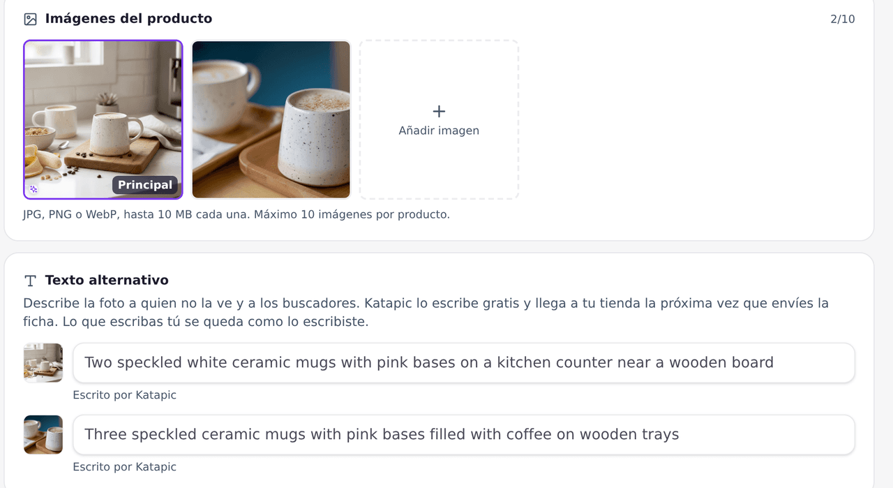 Galería del producto con una escena creada por el AI Studio y los textos alternativos escritos por Katapic