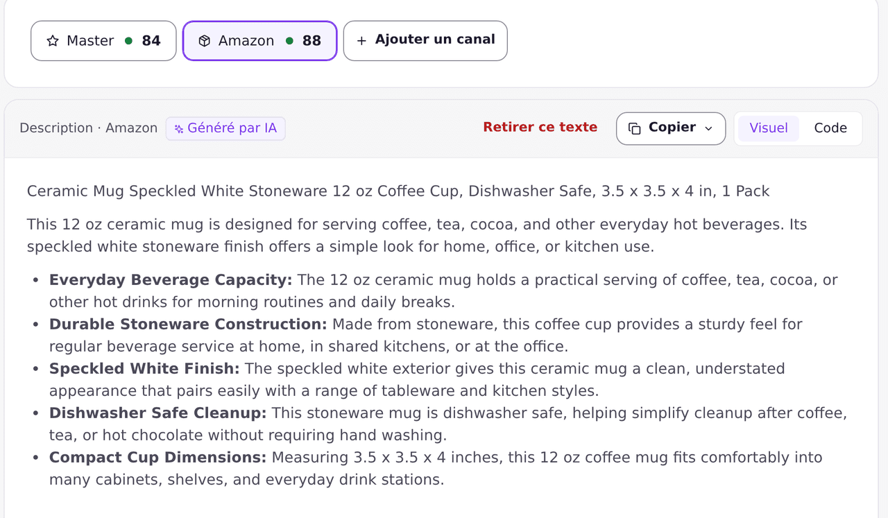 La version Amazon d'une fiche, écrite pour ce canal, avec son propre score SEO