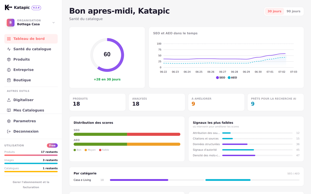 Tableau de bord Katapic avec les scores SEO et AEO réels d'un catalogue produits