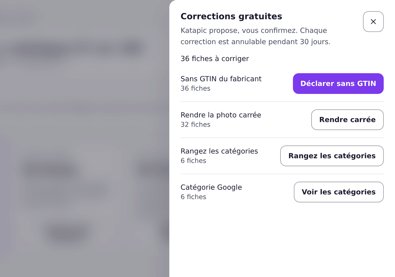 Panneau des corrections gratuites, chacune avec le nombre de fiches qu'elle modifie