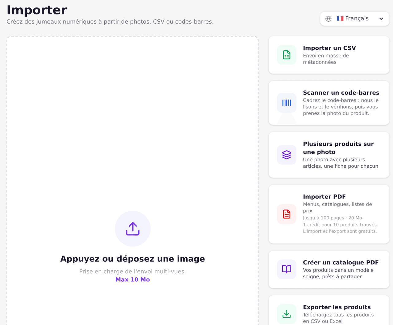Page d'import avec toutes les entrées : CSV, code-barres, plusieurs produits sur une photo, PDF et photos