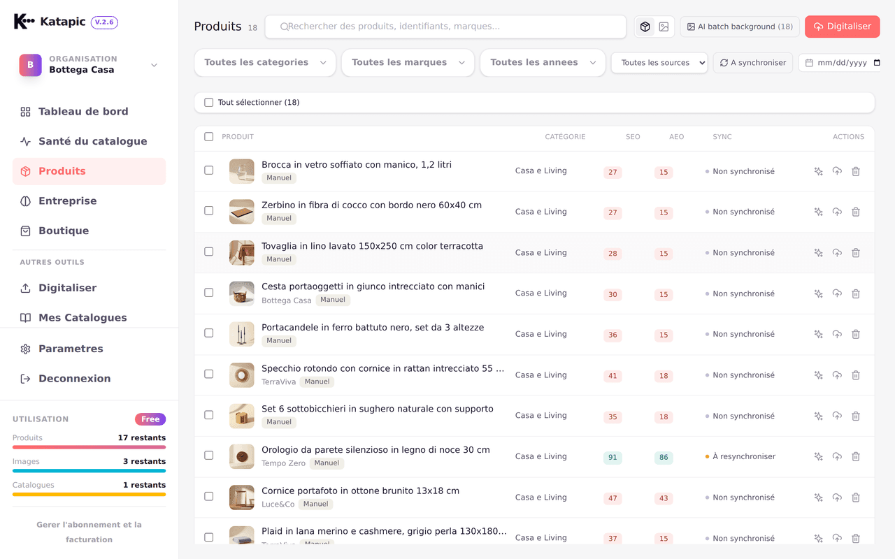 Liste des produits avec badges de score SEO et AEO par produit