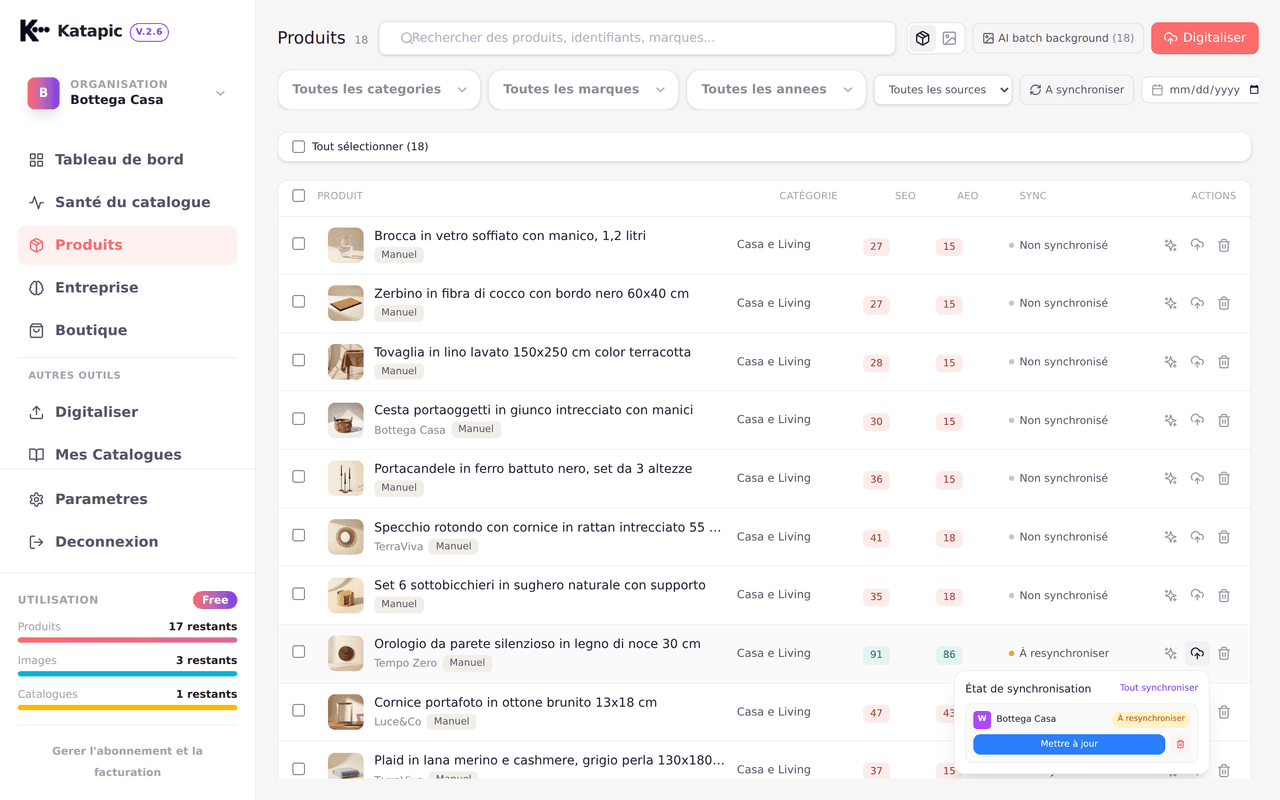 Synchronisation groupée des produits optimisés vers WooCommerce
