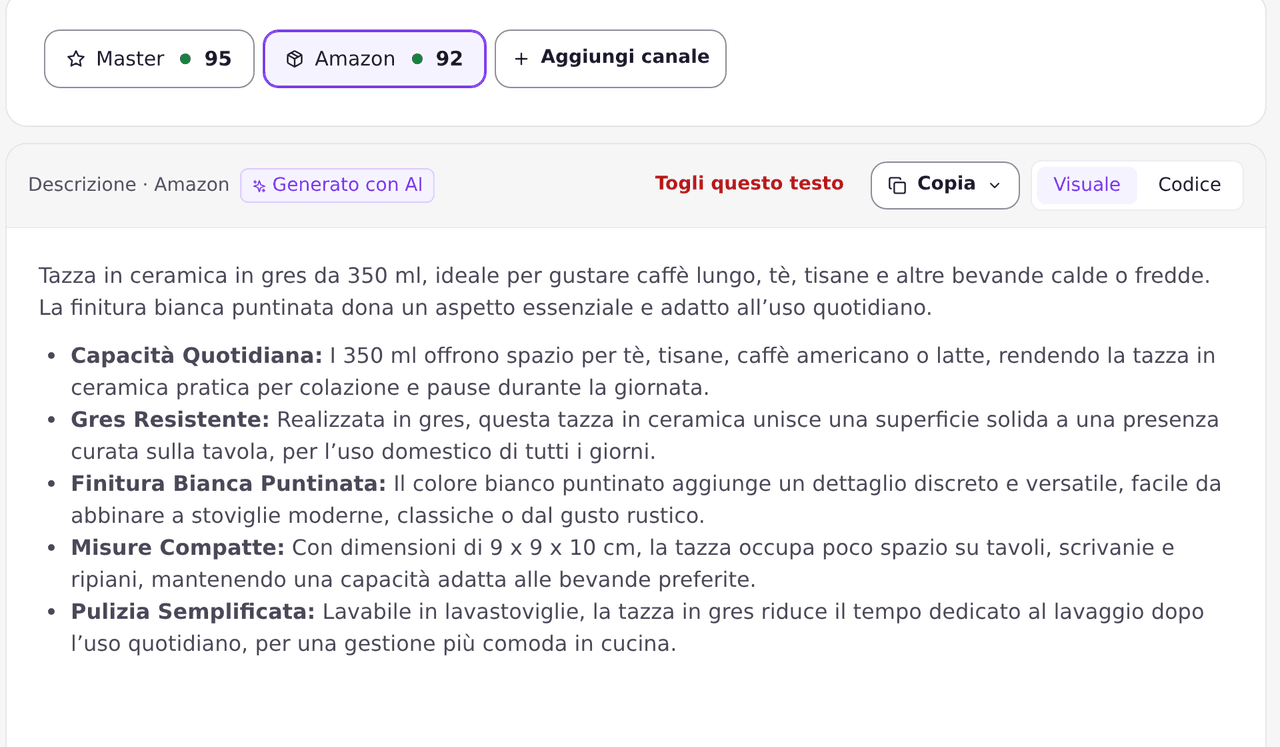 La versione Amazon di una scheda, scritta per quel canale, col suo punteggio SEO