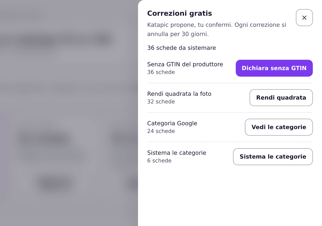 Pannello delle correzioni gratuite, ognuna col numero di schede che cambia