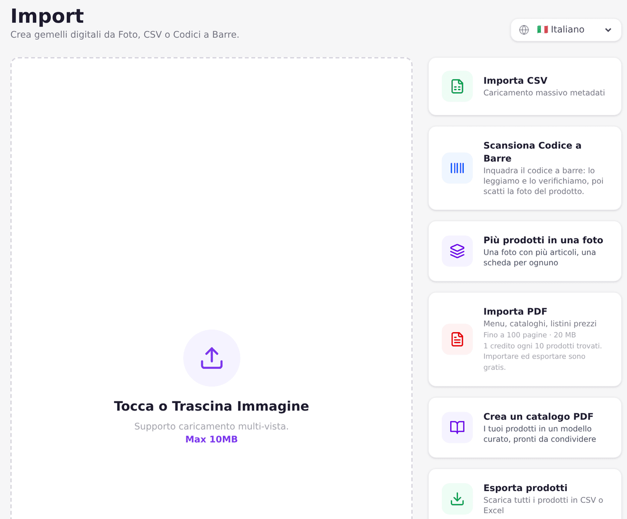 Pagina Import con tutte le strade: CSV, codice a barre, più prodotti in una foto, PDF e foto