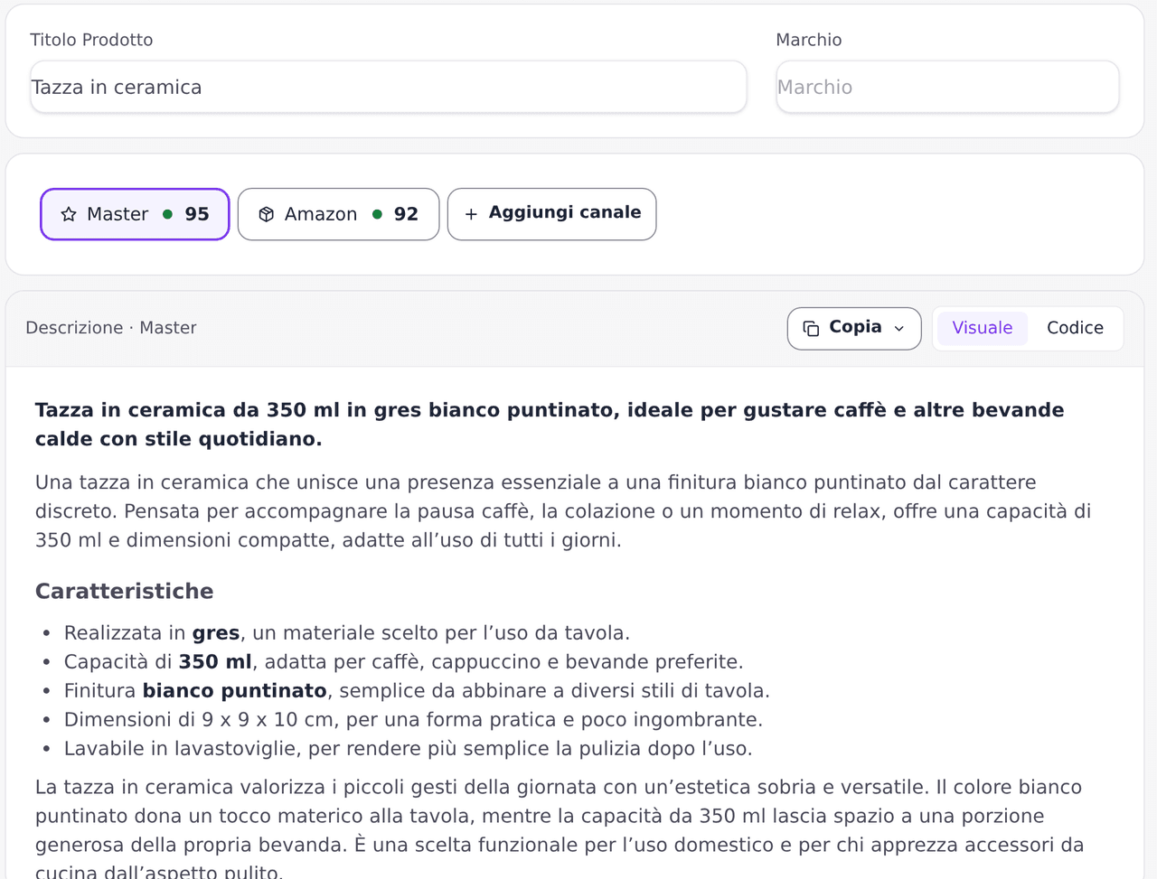 Una scheda prodotto riscritta, col punteggio della versione principale e di quella per Amazon