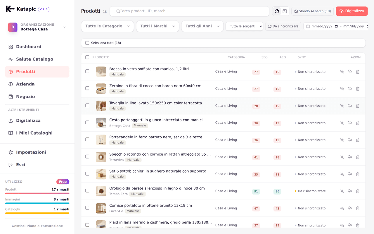 Lista prodotti con badge dei punteggi SEO e AEO per prodotto