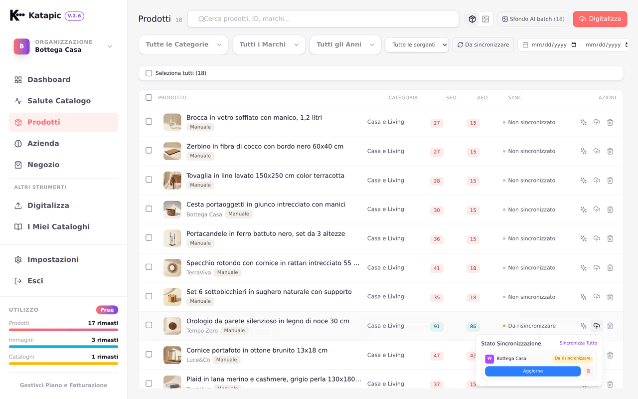 Sincronizzazione in blocco dei prodotti ottimizzati verso WooCommerce