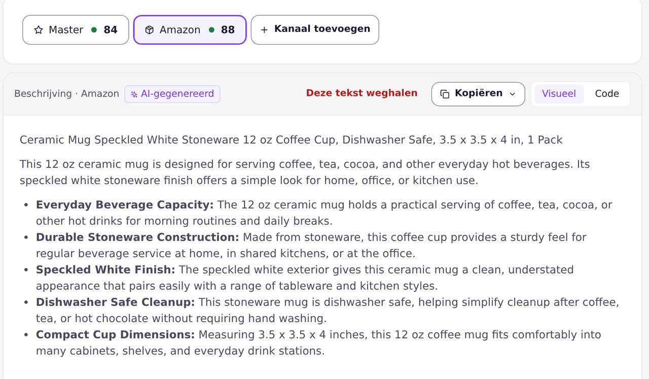 De Amazon versie van een productpagina, geschreven voor dat kanaal, met een eigen SEO score