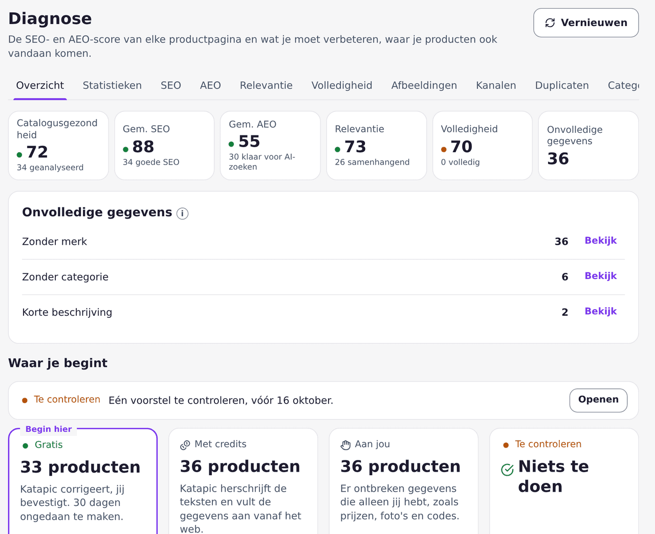 Katapic diagnose met catalogusgezondheid, gemiddelde SEO en AEO, relevantie en volledigheid, de ontbrekende gegevens en waar je begint
