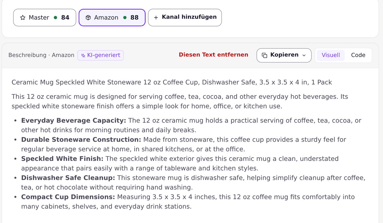 Die Amazon Version eines Angebots, für diesen Kanal geschrieben, mit eigener SEO Bewertung