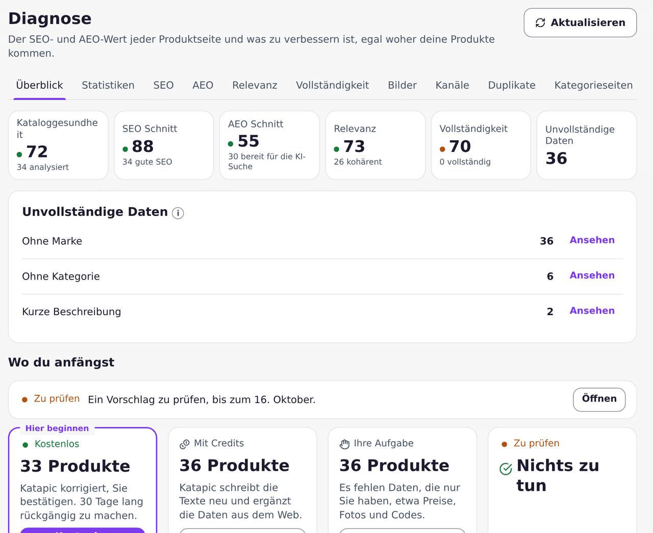 Katapic Diagnose mit Kataloggesundheit, durchschnittlichem SEO und AEO, Relevanz und Vollständigkeit, fehlenden Daten und dem besten Startpunkt