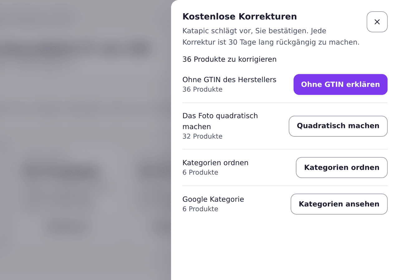 Bereich der kostenlosen Korrekturen, jede mit der Zahl der Produkte, die sie ändert