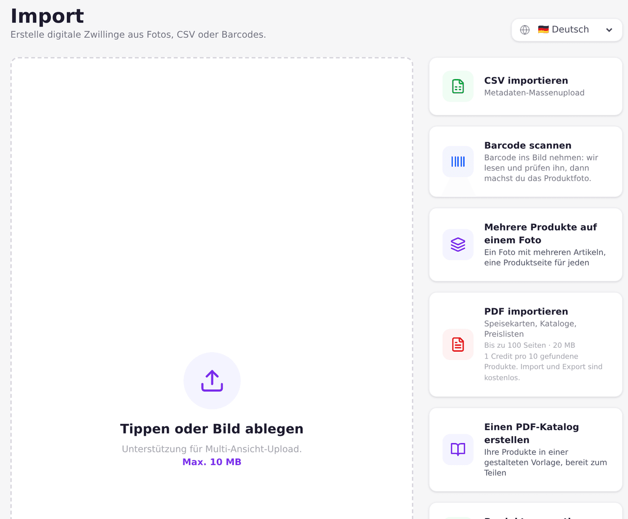 Importseite mit allen Wegen: CSV, Barcode, mehrere Produkte auf einem Foto, PDF und Fotos