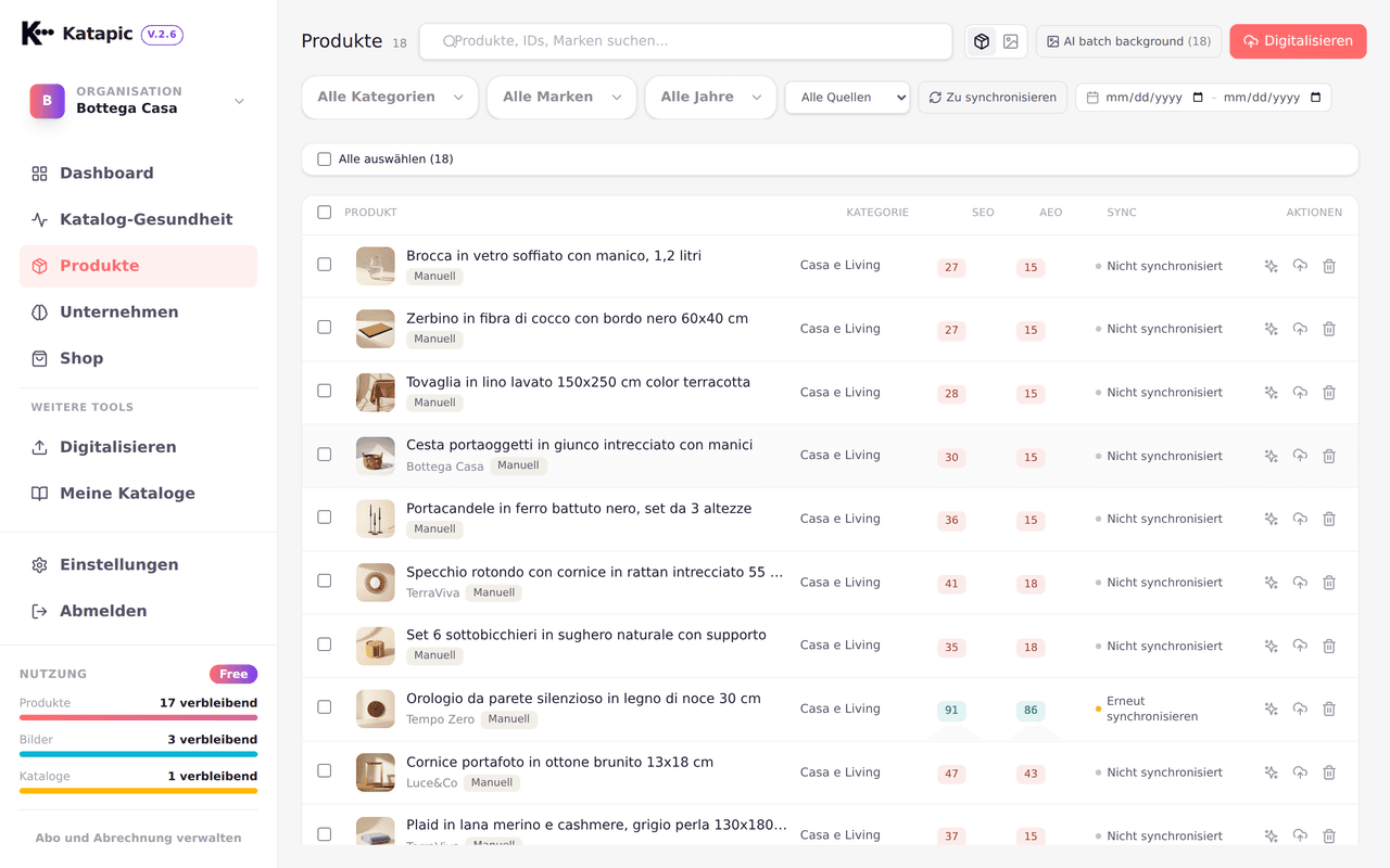Produktliste mit SEO- und AEO-Score-Badges je Produkt