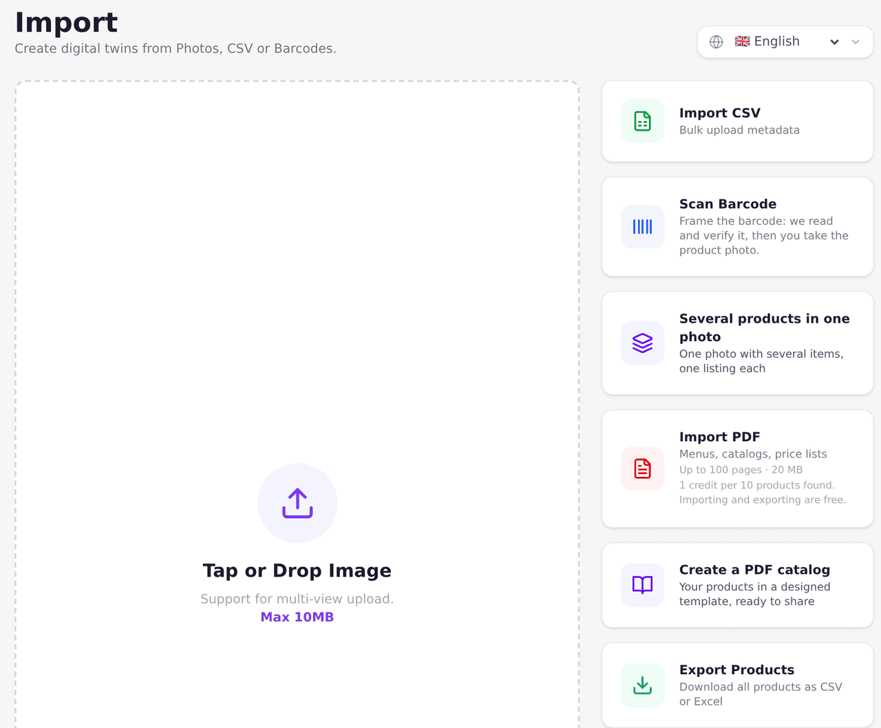Import page with every way in: CSV, barcode scan, several products in one photo, PDF and photos