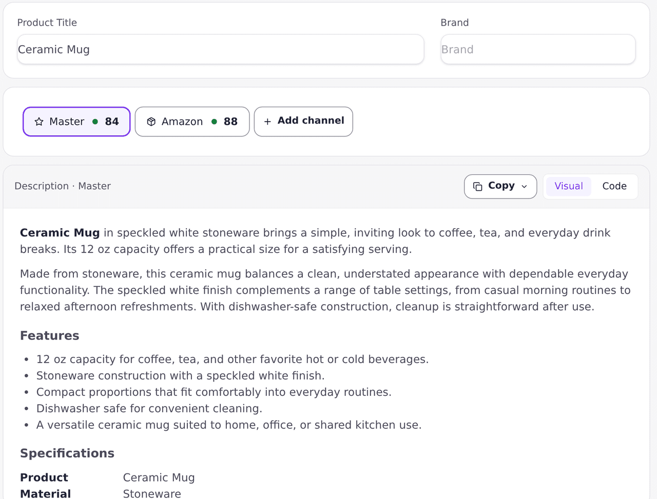 A rewritten product listing with the score of its main version and of its Amazon version