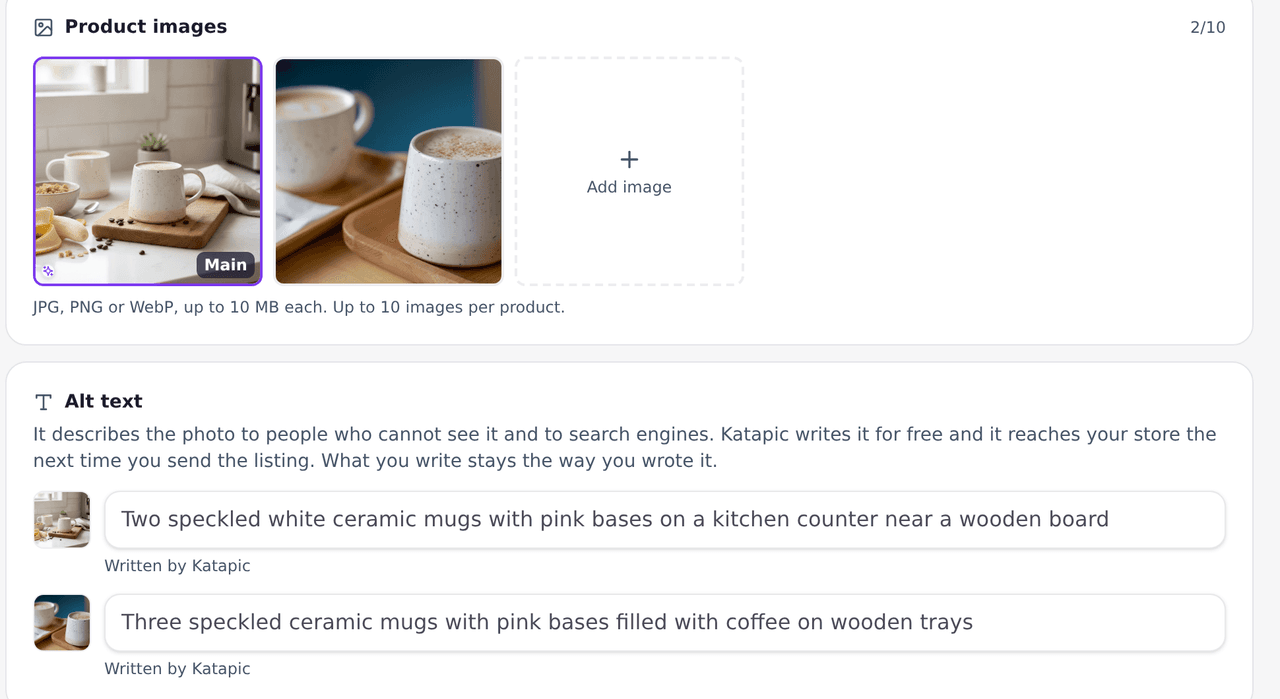 Product gallery with a scene made by the AI Studio and alt text written by Katapic