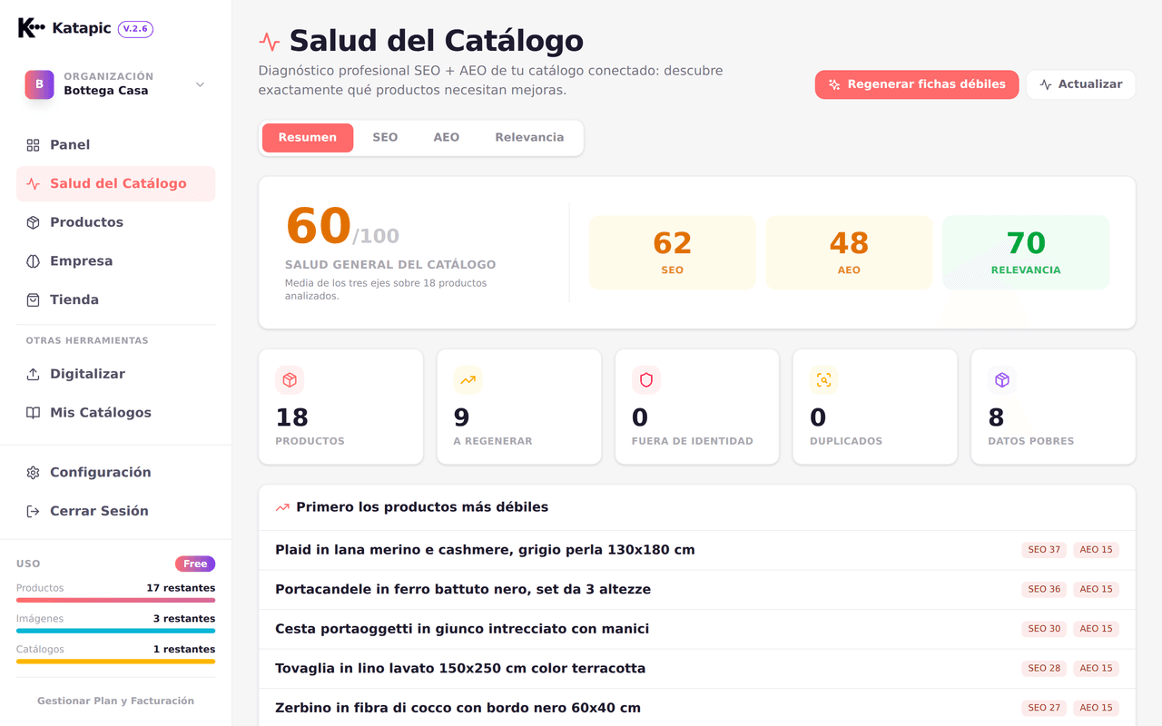Vista Catalog Health con señales fuertes, medias y débiles de los productos