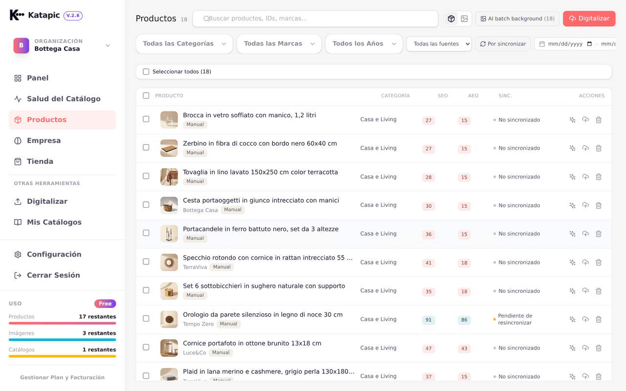 Lista de productos con insignias de puntuación SEO y AEO por producto