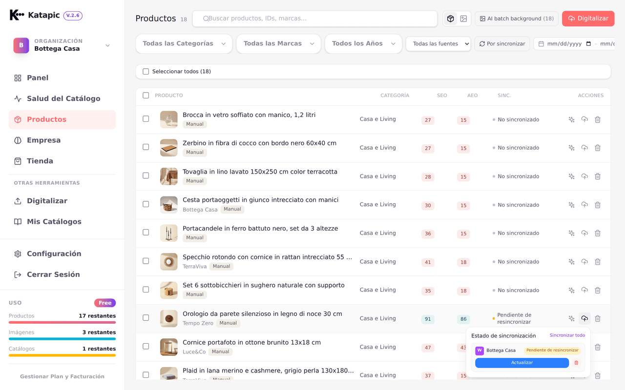 Sincronización masiva de los productos optimizados con WooCommerce