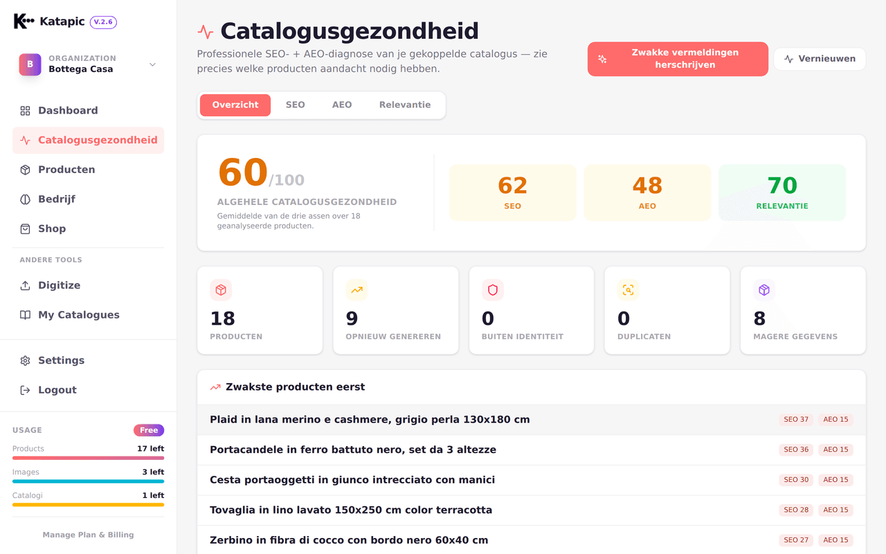 Catalog Health-weergave met sterke, gemiddelde en zwakke productsignalen