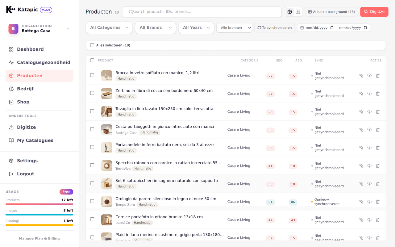 Productlijst met SEO- en AEO-scorebadges per product
