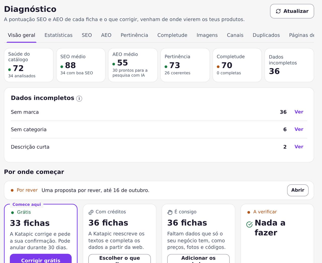 Diagnóstico do Katapic com a saúde do catálogo, SEO e AEO médios, relevância e completude, os dados em falta e por onde começar