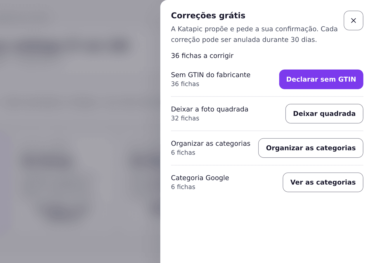 Painel de correções gratuitas, cada uma com o número de anúncios que altera