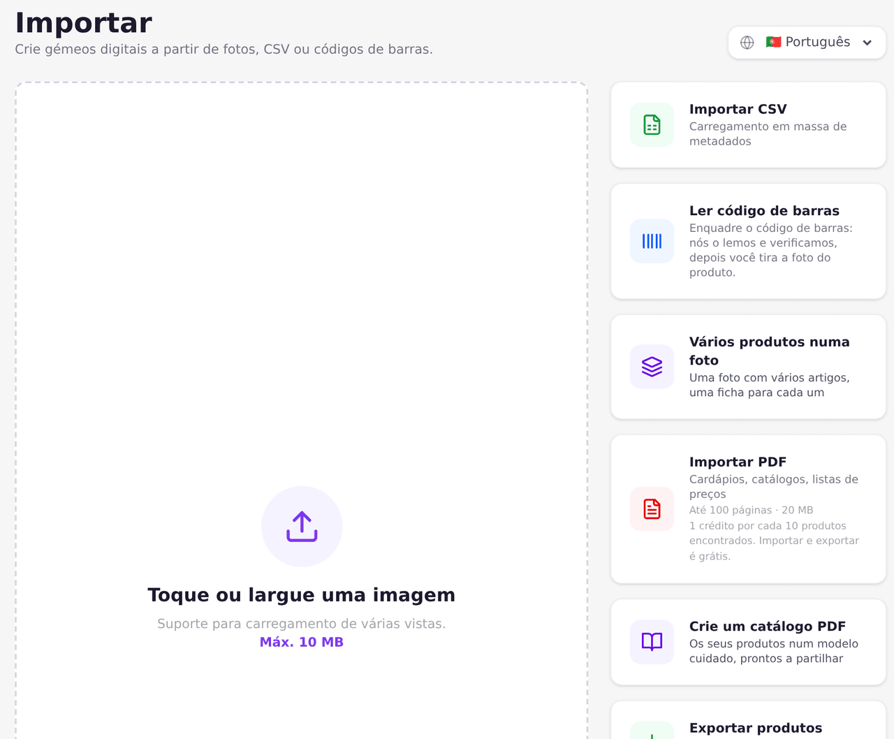 Página de importação com todos os caminhos: CSV, código de barras, vários produtos numa foto, PDF e fotos