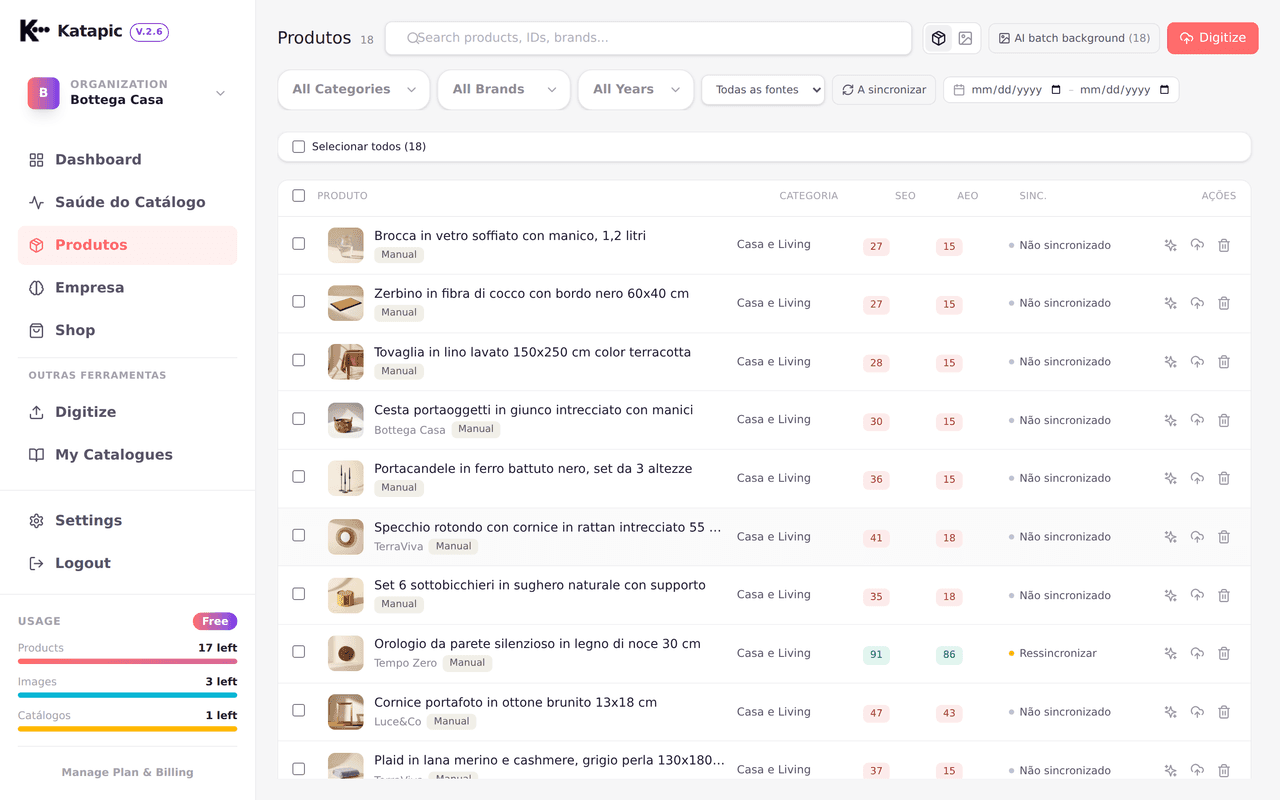Lista de produtos com selos de pontuação SEO e AEO por produto
