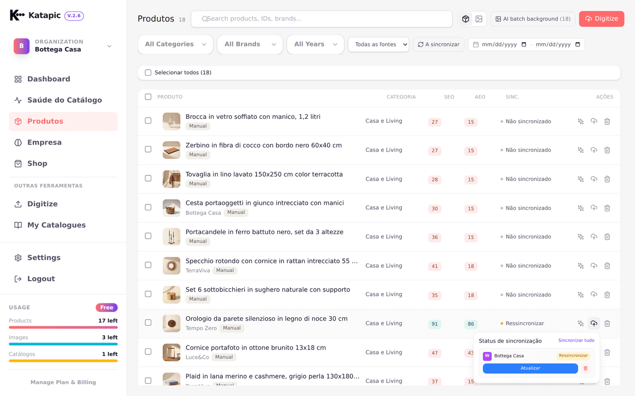 Sincronização em massa dos produtos otimizados para o WooCommerce