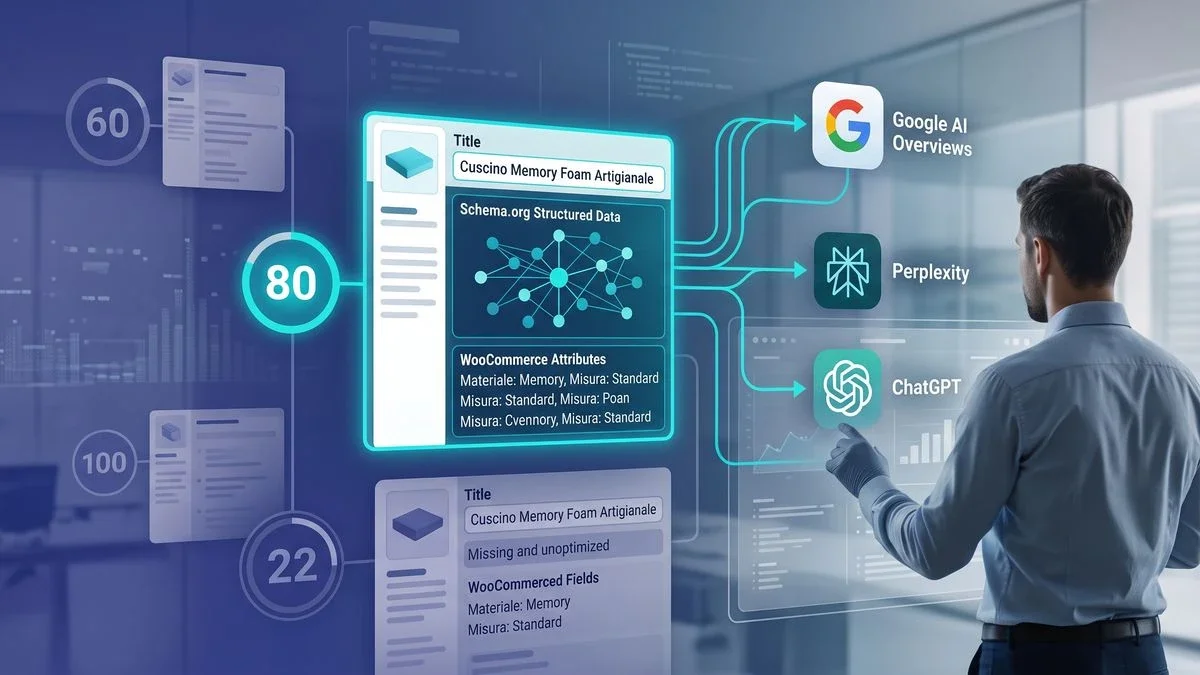 Dashboard mit Produkt-SEO-Score für einen WooCommerce-Katalog, Skala 0-100 für jede Seite