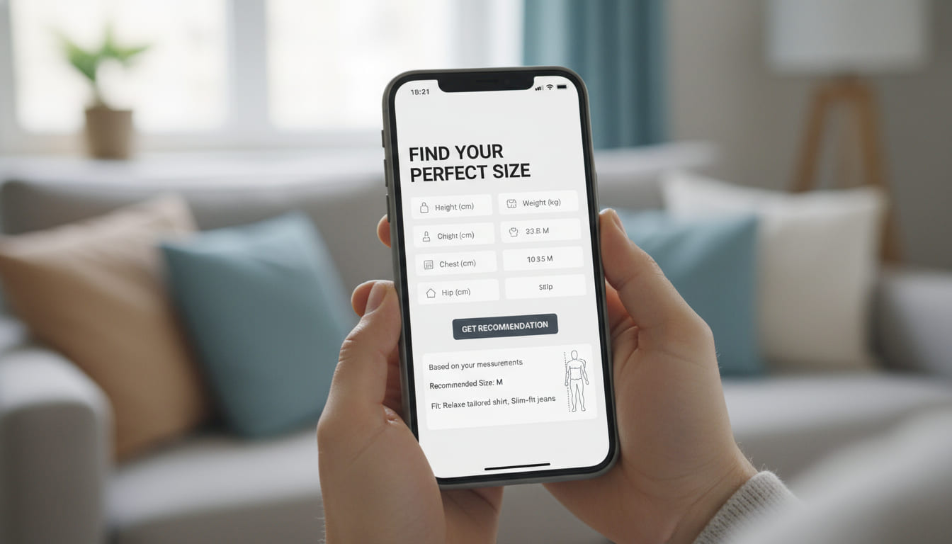 Pagina e-commerce con raccomandazioni taglia AI adattate a diversi tipi di corpo