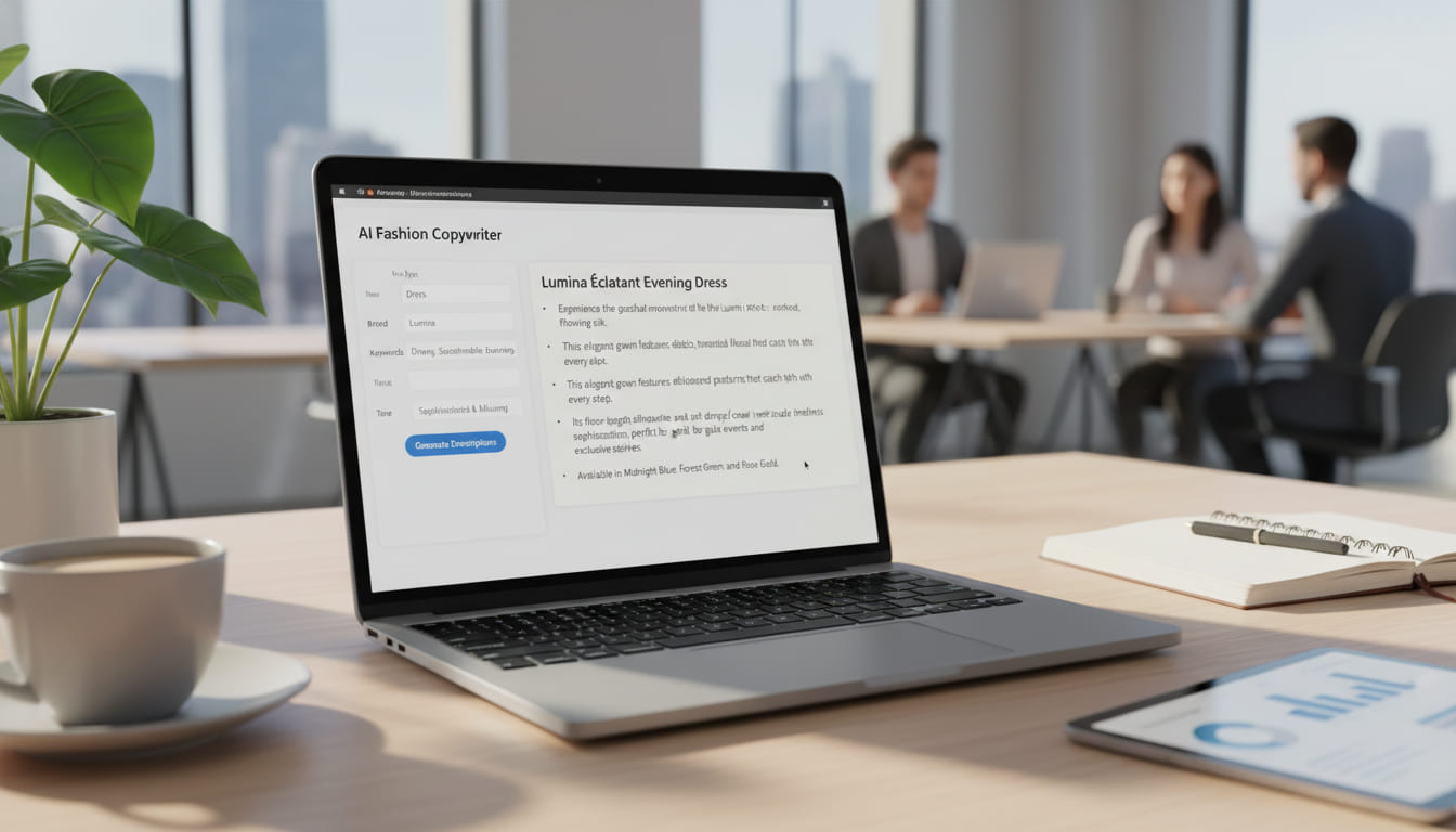AI che genera descrizioni coinvolgenti per prodotti fashion su laptop