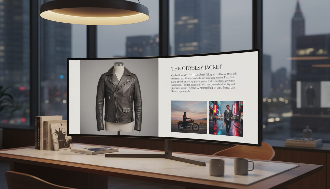 Pagina prodotto fashion e-commerce con descrizione AI premium e storytelling