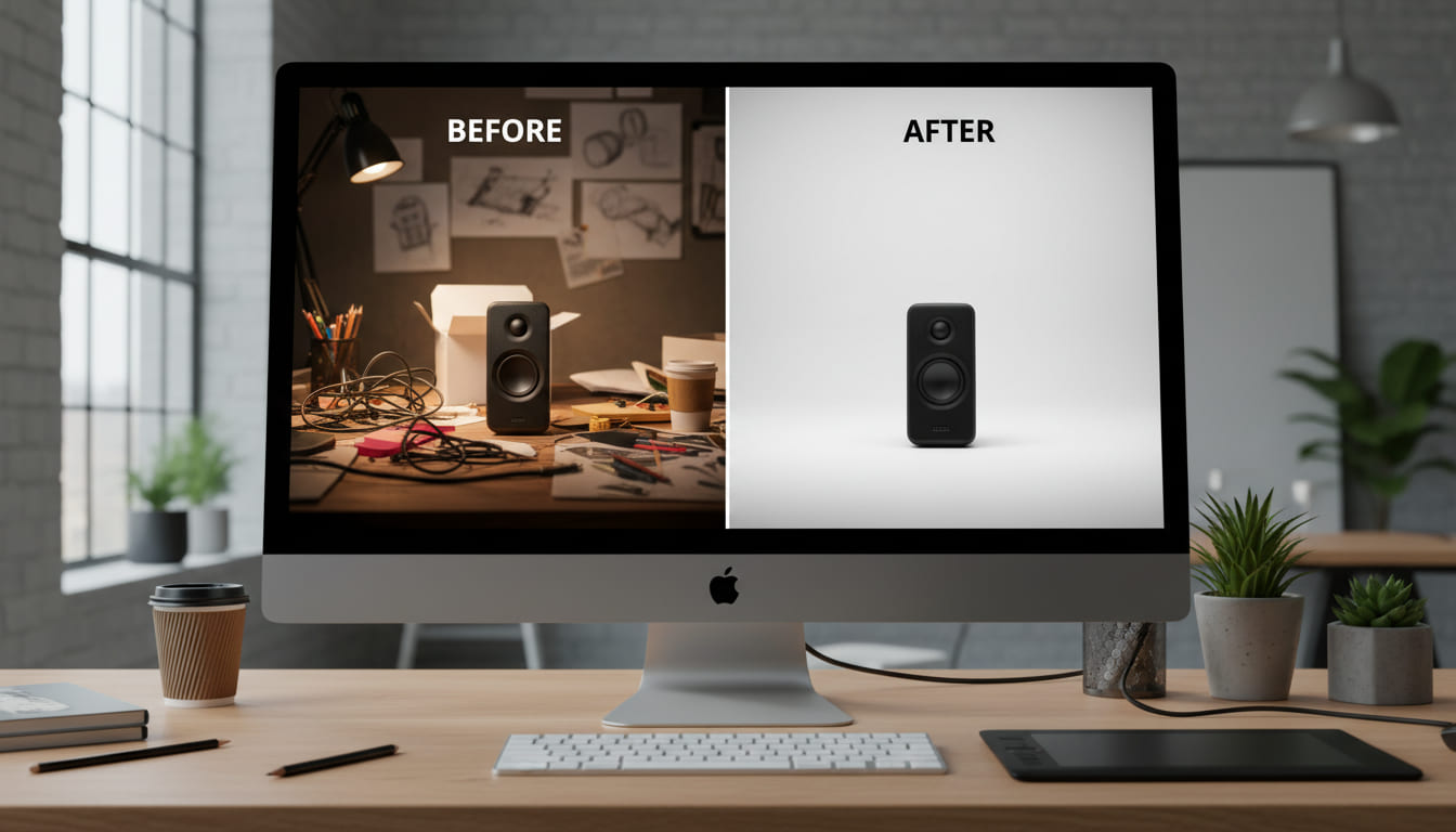 Software AI che rimuove sfondo da foto prodotto, confronto prima e dopo