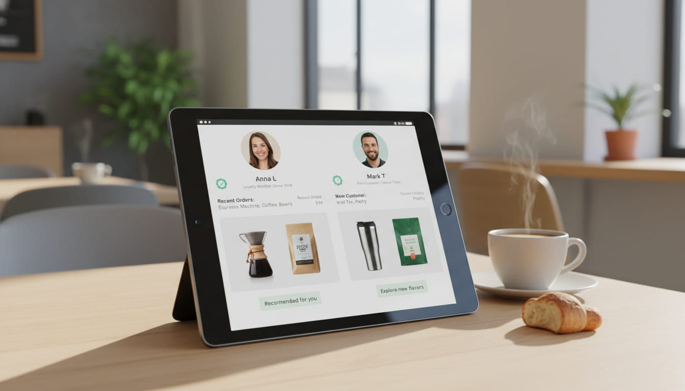 Motore raccomandazione AI che mostra suggerimenti prodotto personalizzati per diversi profili cliente