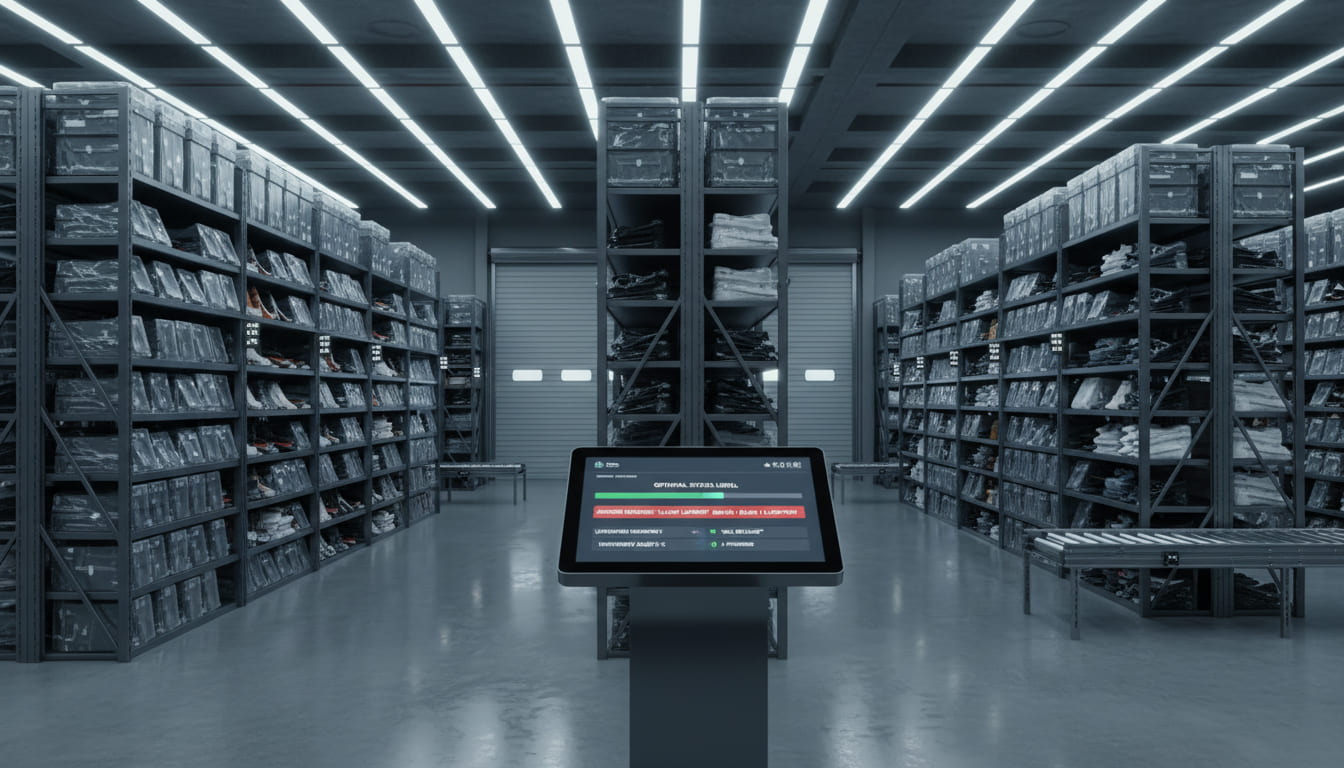 Magazzino fashion retail con sistema gestione stock AI e alert automatici