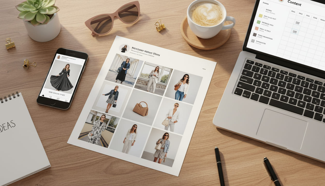 Calendario editoriale social media con post AI-generated da catalogo fashion