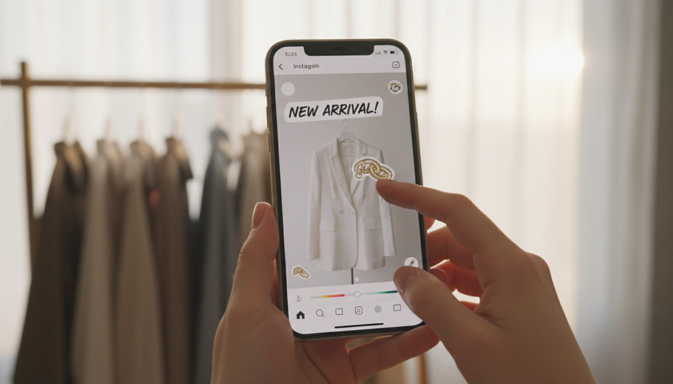 AI che crea post Instagram da scheda prodotto catalogo, smartphone con story fashion
