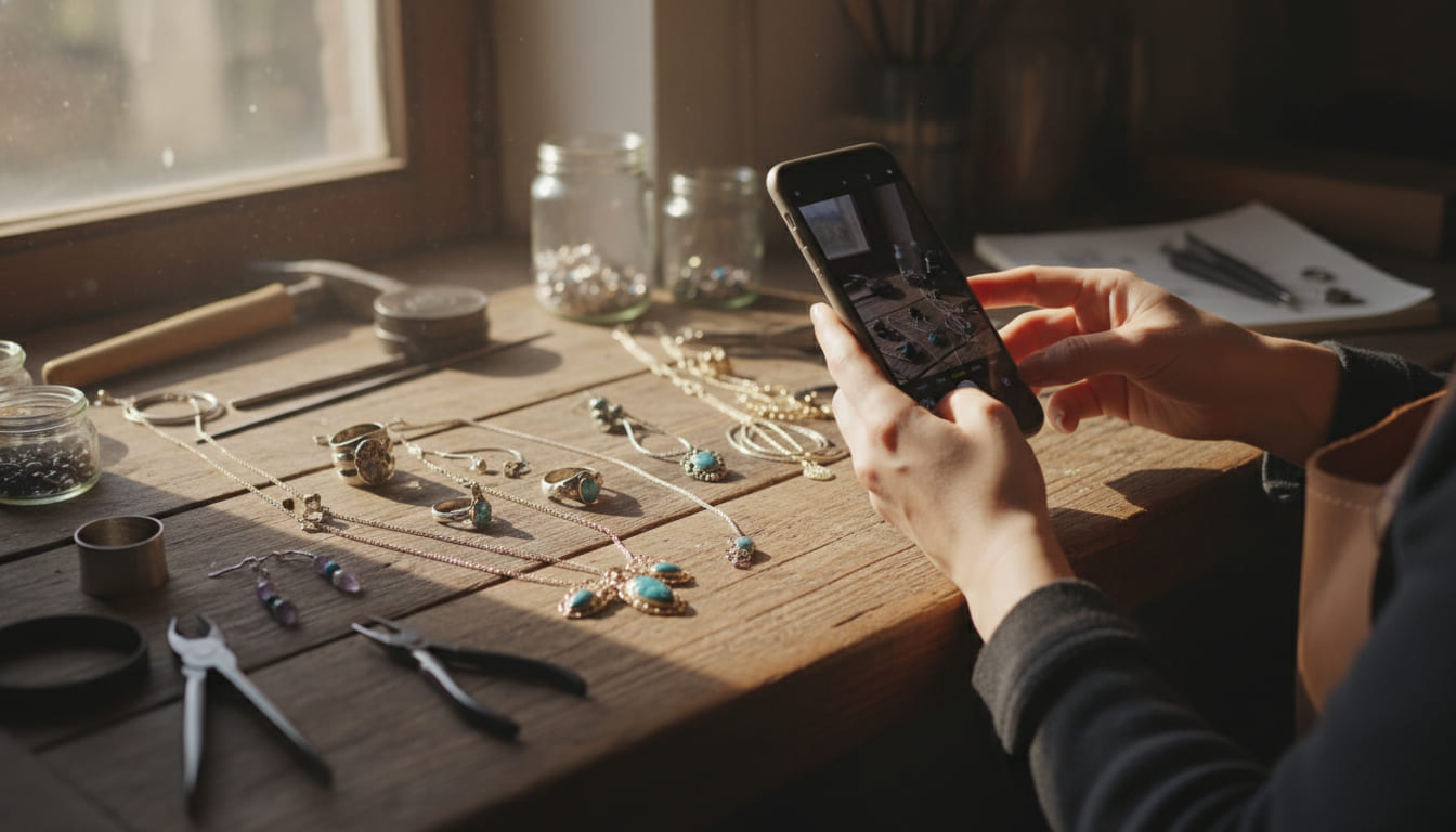 Artigiano che fotografa gioielli fatti a mano con smartphone per catalogo digitale AI
