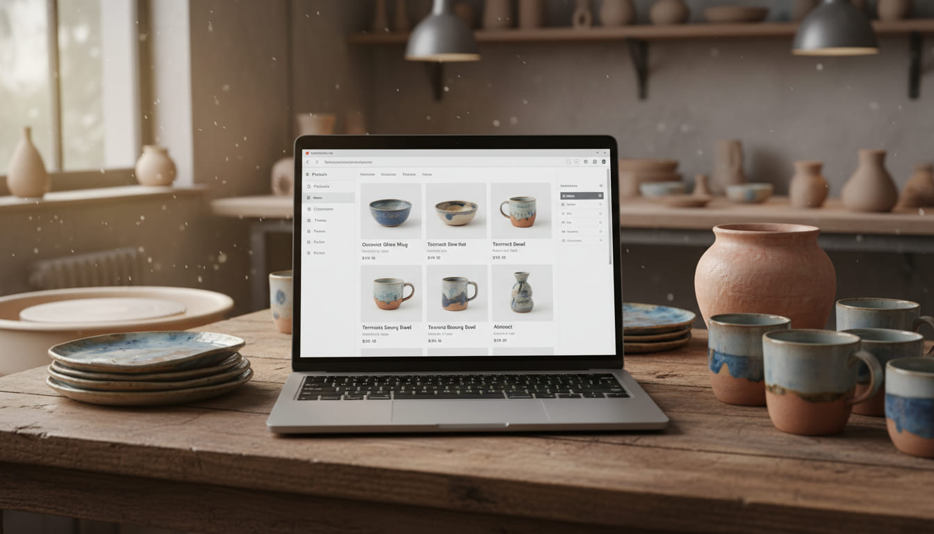 AI che genera descrizioni prodotto per ceramiche artigianali, interfaccia catalog builder