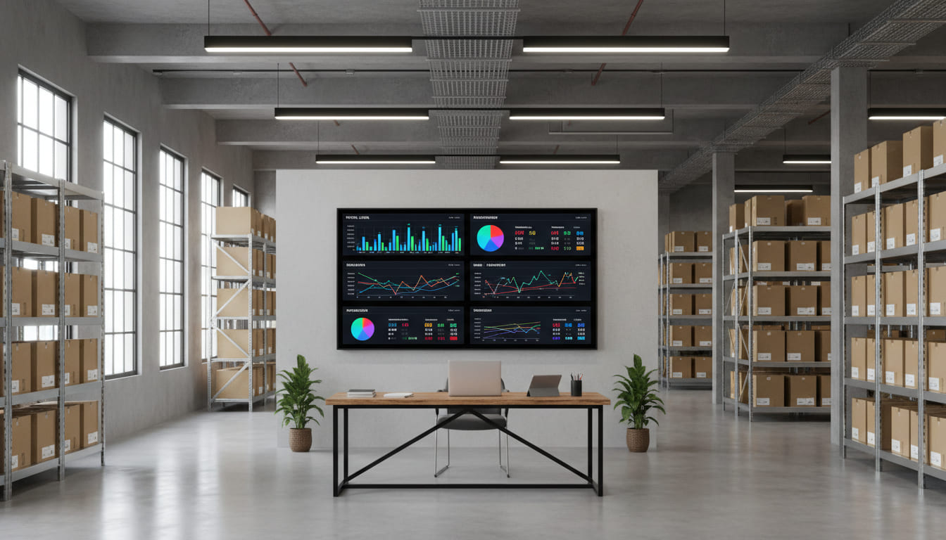 Dashboard digitale con AI tracking inventario e visualizzazione dati magazzino