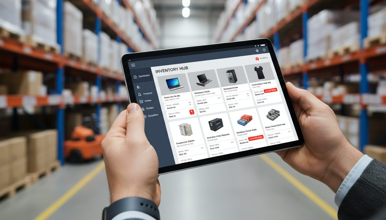 Sistema gestione inventario AI su tablet con alert automatici stock e-commerce