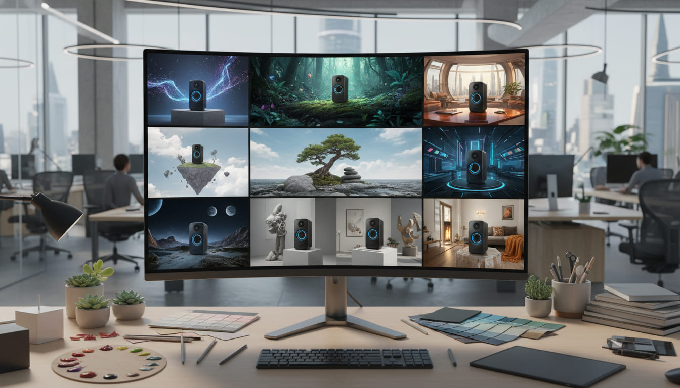 Studio virtuale AI che genera variazioni di sfondi professionali per lo stesso prodotto